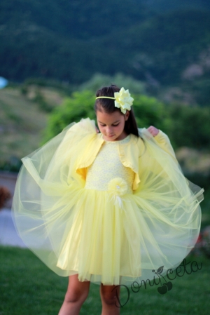 Детска  официална рокля Крис от дантела в жълто с мек тюл и с болеро