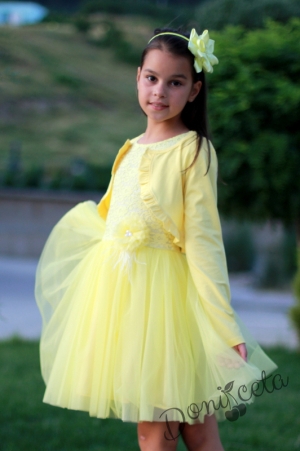 Детска  официална рокля Крис от дантела в жълто с мек тюл и с болеро