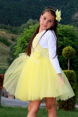 Детска официална рокля Крис от дантела в жълто с мек тюл с болеро в бяло