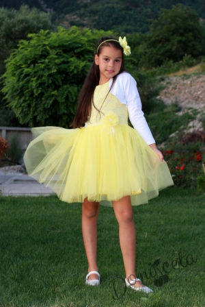 Детска официална рокля Крис от дантела в жълто с мек тюл с болеро в бяло