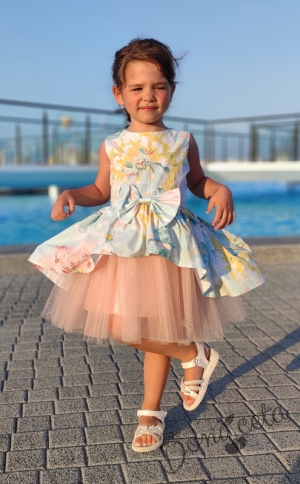 Официална детска рокля Надежда в тюркоаз/мента на цветя с тюл в прасковено