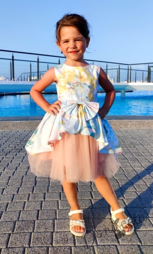 Официална детска рокля Надежда в тюркоаз/мента на цветя с тюл в прасковено