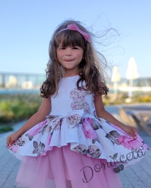 Официална детска рокля Надежда с тюл в розово с цветя и пеперудки