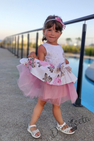 Официална детска рокля Надежда с тюл в розово с цветя и пеперудки