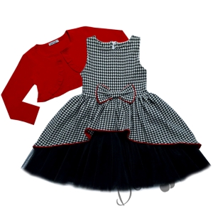 Официална детска рокля пепит с тюл в черно и болеро в червено