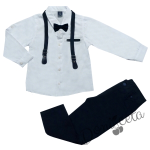 Комплект от панталон в тъмносиньо, риза в бяло, папийонка и тиранти