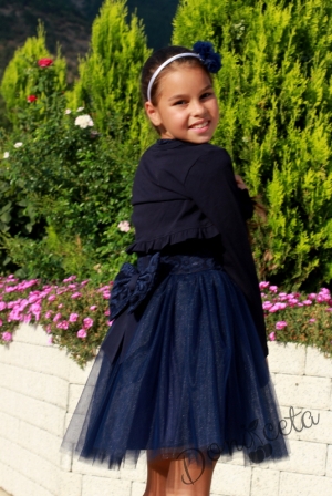 Комплект от официална детска рокля Крис от дантела и болеро в тъмносиньо 83654895