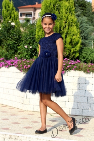 Комплект от официална детска рокля Крис от дантела и болеро в тъмносиньо 83654895