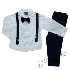 Комплект за момче от панталон в тъмносиньо, риза в бяло, тиранти и папийонка