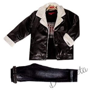 Комплект за момче от кожено яке в черно, блуза в черно и дънки 742352