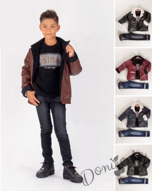 Комплект за момче от кожено яке в черно, блуза в черно и дънки 742352