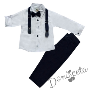 Комплект от панталон в тъмносиньо,риза в бяло с джоб, папийонка и тиранти