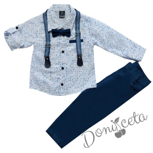 Комплект за момче от панталон в синьо, риза в светлосиньо, тиранти и папийонка