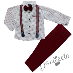 Комплект от панталон в бордо, риза в бяло, тиранти и папийонка 