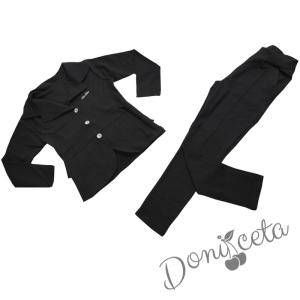 Комплект от сако в черно с къдрици,панталон и блуза с дълъг ръкав в бяло