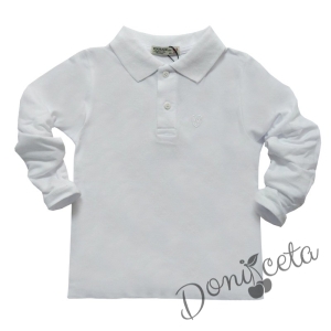 Детска блуза с дълъг ръкав за момче в бяло с яка