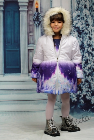 Комплект от детска рокля с шушлеково зимно яке с качулка с бели мечета