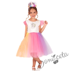 Официална детска рокля с Пони/Еднорог с  многоцветен тюл и диадема