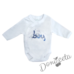 Бебешко боди с дълъг ръкав в бяло с надпис ''It's a boy"