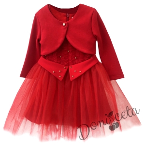 Комплект от официална детска рокля без ръкав в червено с тюл и болеро в червено