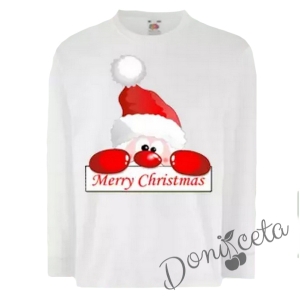 Персонализирана коледна блузка с дълъг ръкав в бяло с Дядо Коледа 754673