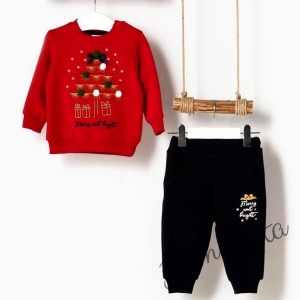 Коледен детски комплект от блузка в червено с елха и панталонки 
