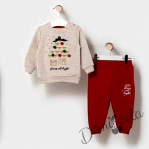 Коледен детски комплект от блузка в бежово с елха и панталонки 