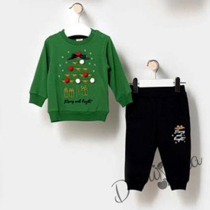 Коледен детски комплект от блузка в зелено с елха и панталонки 