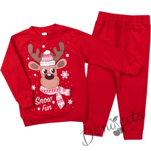 Бебешки/детски коледен комплект от блузка с елен в червено и панталонки