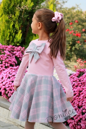 Детска рокля Contrast с дълъг ръкав в сиво и пепел от рози с панделка