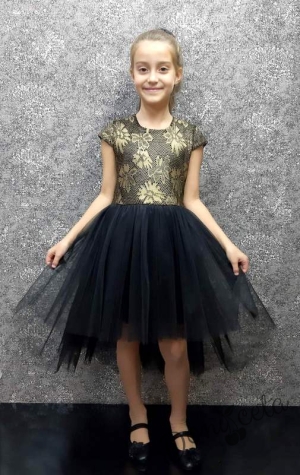 Официална детска рокля с шлейф Анисия в черно и златисто