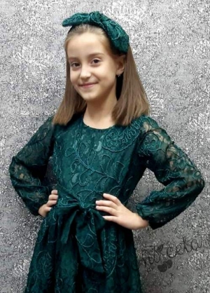 Официална детска рокля с дълъг ръкав в  зелено от дантела