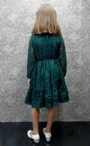 Официална детска рокля с дълъг ръкав в  зелено от дантела