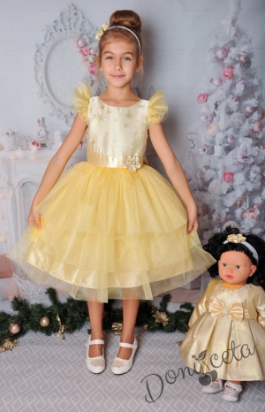 Официална детска рокля с къс ръкав в златисто на звездички и тюл 288ЗЗ