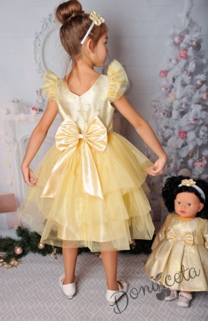 Официална детска рокля с къс ръкав в златисто на звездички и тюл 288ЗЗ
