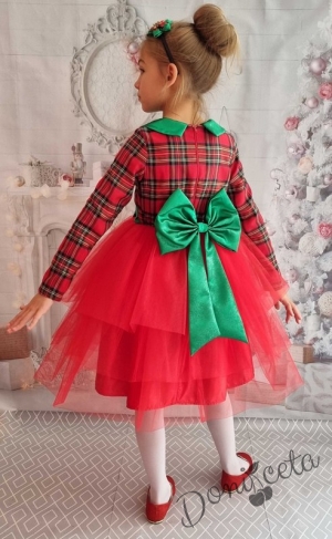 Официална детска рокля с дълъг ръкав каре и тюл в червено 288ШКЧТДР