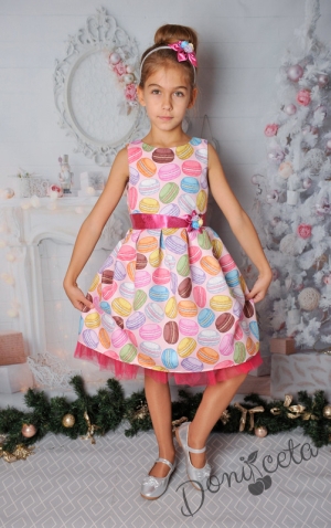 Официална детска рокля с къс ръкав в розово с коланче 297-255МЦ