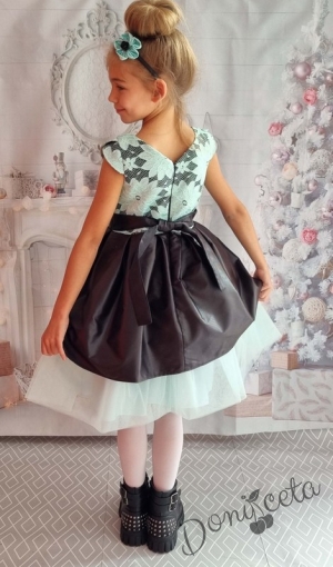 Официална детска рокля с къс ръкав в тюркоаз/мента и черно на цветя с тюл 379РДПР