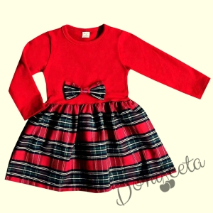 Официална или ежедневна детска рокля с дълъг ръкав в червено с каре   1