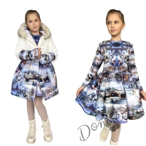 Комплект от детска рокля с дълъг ръкав със зимно детско палто с качулка 