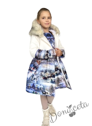 Детско палто с качулка със зимна картинка за момиче