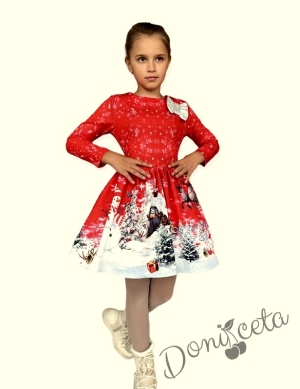 Детска коледна рокля с дълъг ръкав в червено със сняг