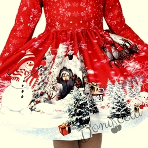 Детска коледна рокля с дълъг ръкав в червено със сняг