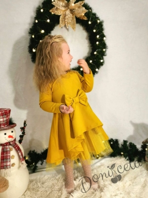 Детска рокля Надежда с дълъг ръкав с тюл в горчица 1