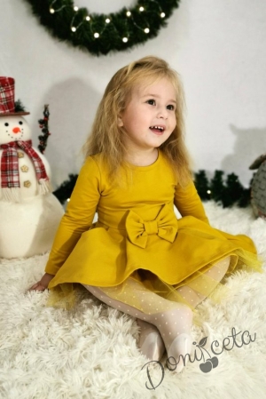 Детска рокля Надежда с дълъг ръкав с тюл в горчица 3