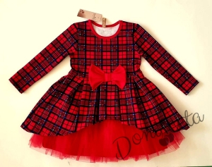 Официална бебешка/детска рокля Надежда в каре с дълъг ръкав и тюл в червено 1