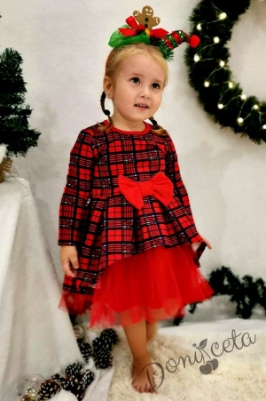 Официална бебешка/детска рокля Надежда в каре с дълъг ръкав и тюл в червено 3