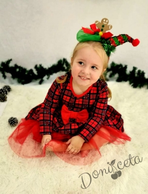Официална бебешка/детска рокля Надежда в каре с дълъг ръкав и тюл в червено 4