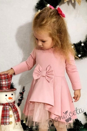 Детска рокля Надежда с дълъг ръкав в розово с тюл