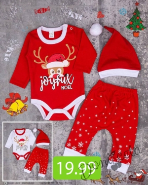 Коледен бебешки боди с еленче в червено, панталонки и шапка 9576676
